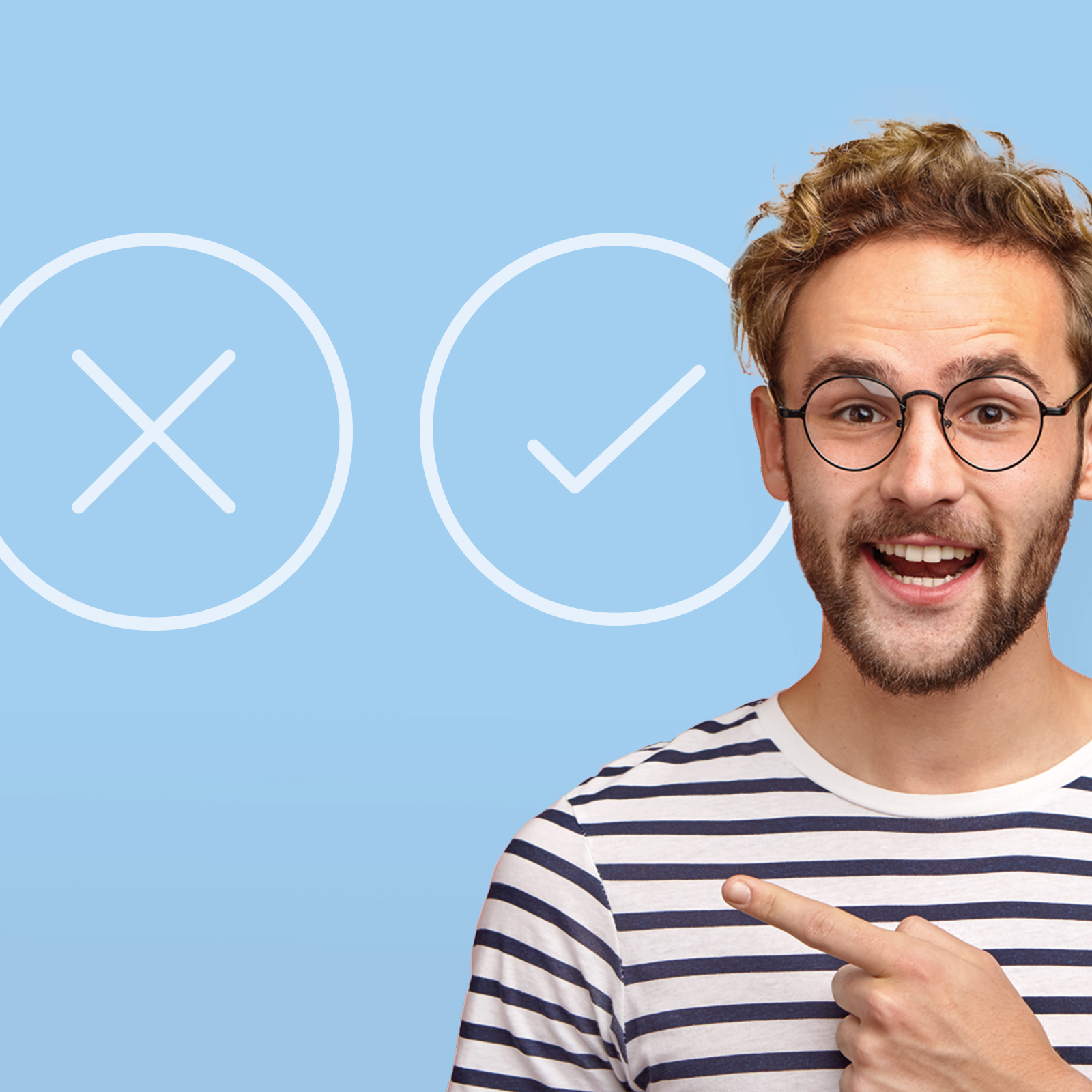 man points to cross and tick