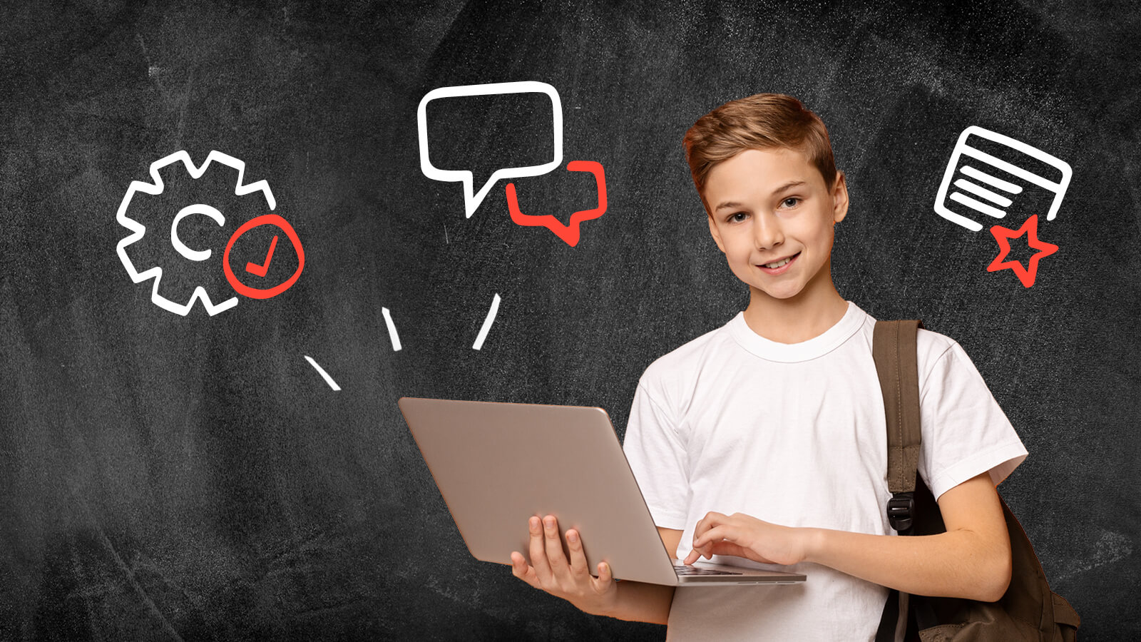 School Child uses laptop against chalkboard background with drawings